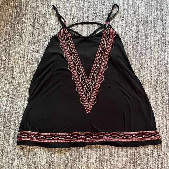 Maurice’s Women’s Size Medium Strappy Tank Top Black Tribal Embroidered Blouse - Picture 1 of 6